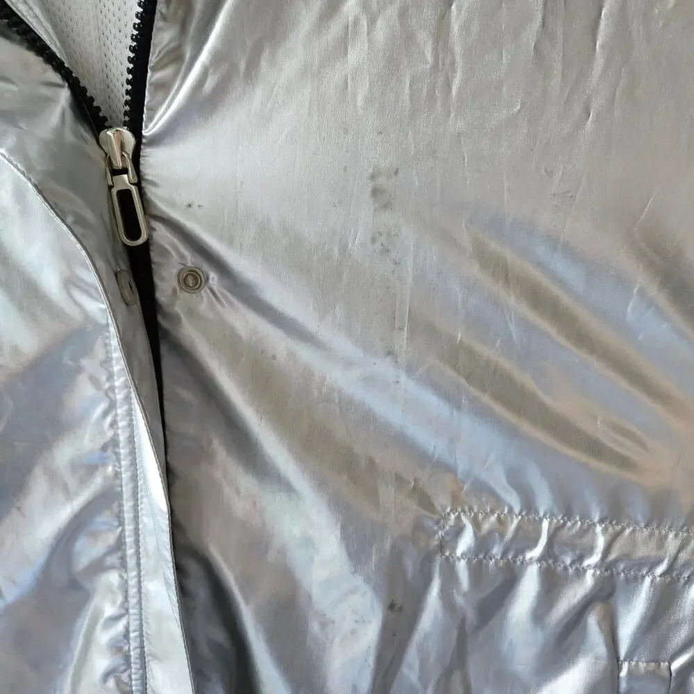 SJYP Silver Long Metallic Raincoat Hooded Womens Size Medium Korean Brand Edgy